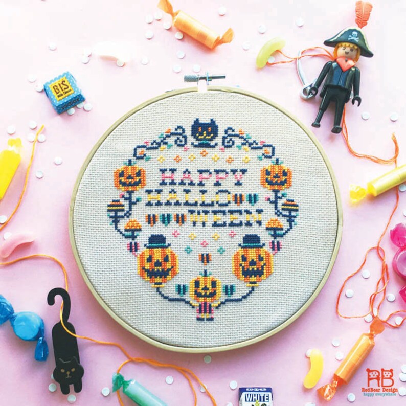 Halloween cross stitch pattern Modern cross stitch sampler Pumpkin cross stitch chart Funny cross stitch Spooky fun Funny Happy Halloween image 1