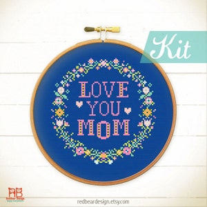 Mom cross stitch kit. Mothers day Beauty gift. Mum cross stitch. Florals wreath cross stitch. Mommy needlepoint kit. Craft kit for adult image 4