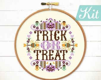 Halloween cross stitch kits. Trick or Treat cross stitch kit. Halloween DIY craft kit. Halloween embroidery design. Pumpkin cross stitch