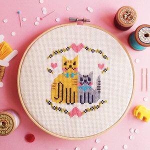 Cats cross stitch pattern PDF Cute cat cross stitch Cat Hoop arts Ginger cat embroidery pattern Point de croix needlepoint Kittens in Love image 1