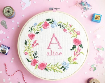 Baby Cross stitch pattern - Floral wreath with Alphabet , modern initial cross stitch , counted floral cross stitch chart , baby nursery