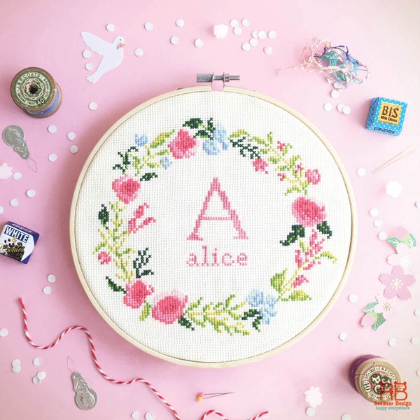 Baby Cross stitch pattern - Floral wreath with Alphabet , modern initial cross stitch , counted floral cross stitch chart , baby nursery