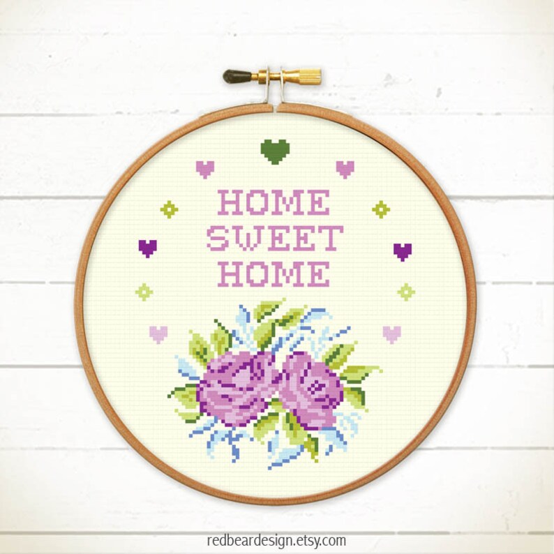 Home sweet home cross stitch pattern. Modern cross stitch chart. Funny cross stitch. Flowers cross stitch. Roses crossstitch. point de croix image 3