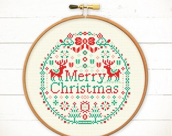 Christmas Cross stitch pattern, Folk Christmas deers embroidery design , scandinavian christmas decoration - Merry Christmas Ring