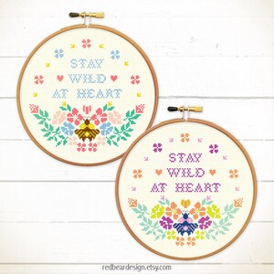 Stay Wild at Heart cross stitch pattern, Quote cross stitch, Flowers embroidery design, Bee cross stitch, Spring cross stitch image 9