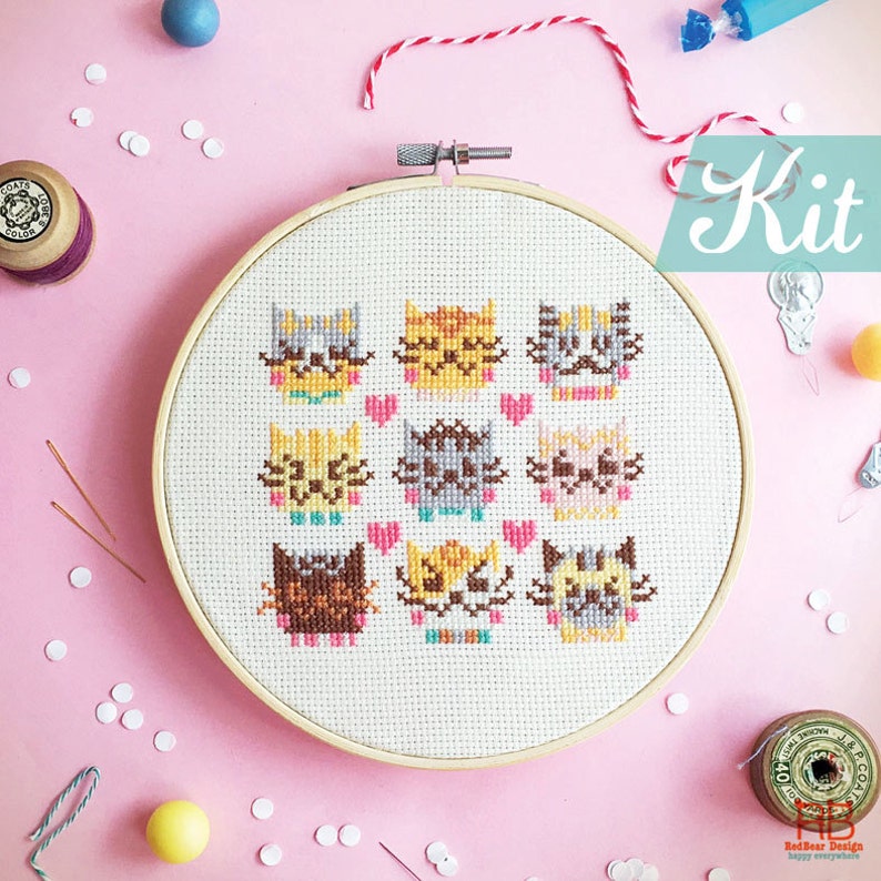 Cats Cross Stitch Kits Kawaii Cats Embroidery Kits Cats Etsy