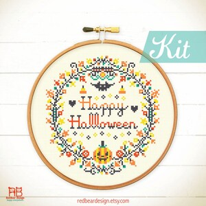 Halloween Cross stitch kits. Halloween wreath craft kit. Modern cross stitch. Pumpkin cross stitch DIY kit. HAPPY Halloween Wreath design image 2