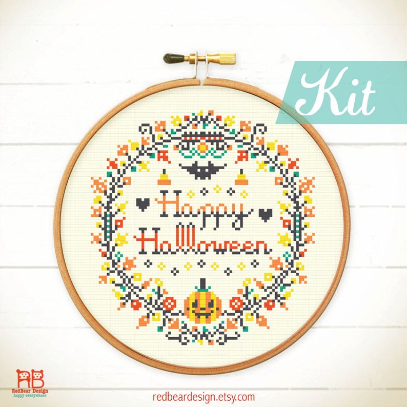 Halloween Cross stitch kits. Halloween wreath craft kit. Modern cross stitch. Pumpkin cross stitch DIY kit. HAPPY Halloween Wreath design image 2