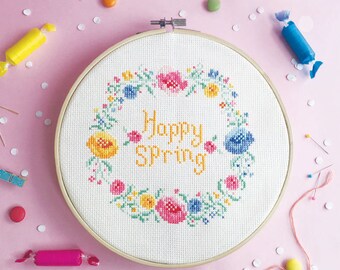 Easter cross stitch - Happy Spring , Flowers cross stitch pattern by Red bear Design