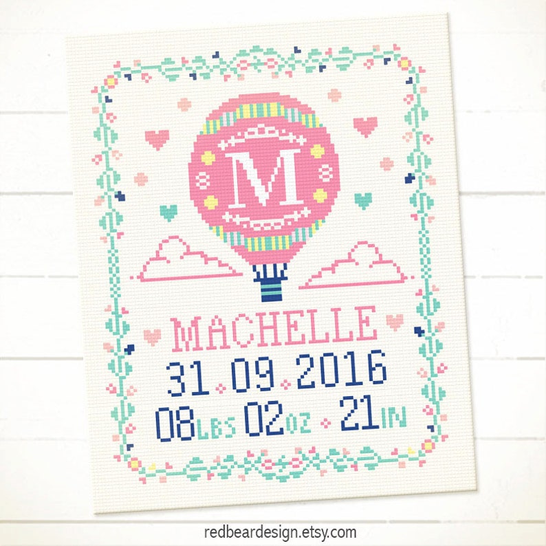Cross stitch patterns,Baby announcement,Baby cross stitch,Funny cross stitch,Newborn gifts ideas,Baby gifts Hot Air Balloon Baby Record image 4