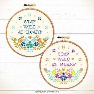 Stay Wild at Heart cross stitch pattern, Quote cross stitch, Flowers embroidery design, Bee cross stitch, Spring cross stitch image 8