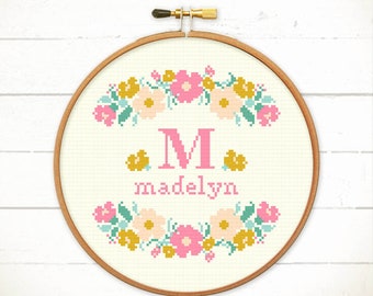 Initial and border Cross stitch pattern - Flowers cross stitch with name and initial, Embroidery design for baby, Modern needlepoint pattern