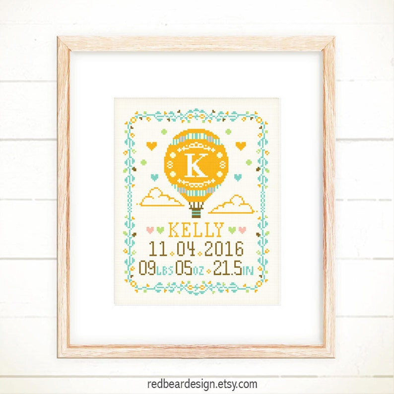 Cross stitch patterns,Baby announcement,Baby cross stitch,Funny cross stitch,Newborn gifts ideas,Baby gifts Hot Air Balloon Baby Record image 1