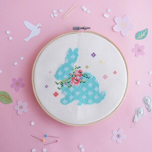 Easter Cross stitch, Bunny with Floral Wreaths cross stitch patterns by Red bear Design