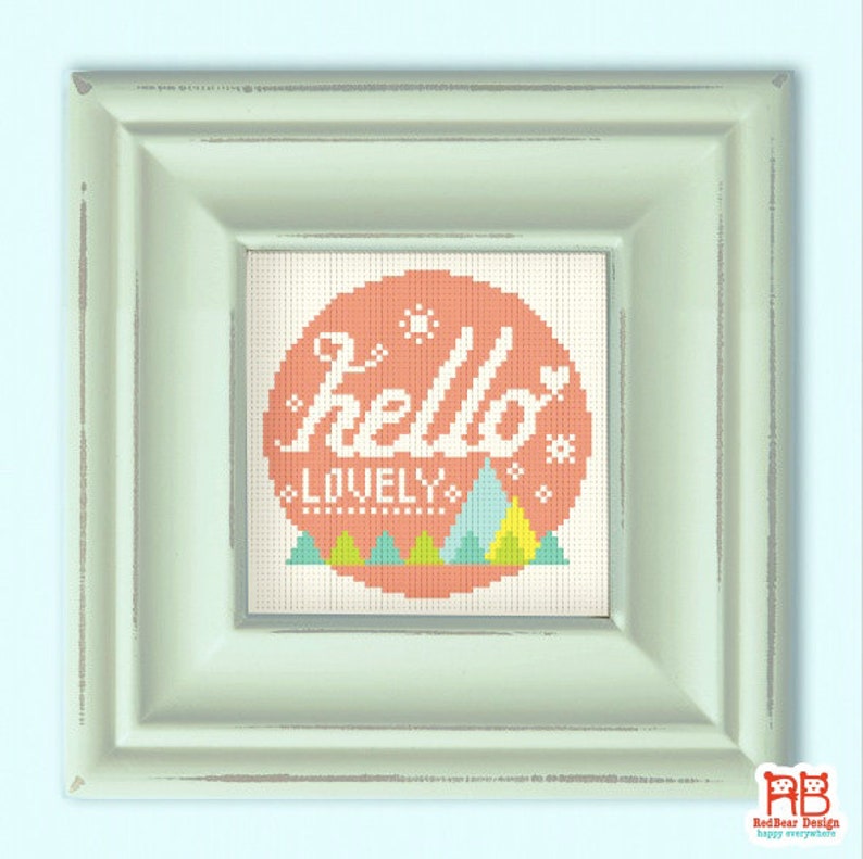 Quote Cross stitch pattern , Modern embroidery pattern PDF , geometric cross stitch Hello Lovely image 3