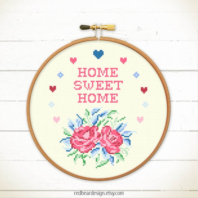 Home sweet home cross stitch pattern. Modern cross stitch chart. Funny cross stitch. Flowers cross stitch. Roses crossstitch. point de croix image 2