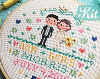Custom Wedding Cross Stitch kit - Personalised wedding embroidery design, Modern wedding sample, valentines Gift ideas
