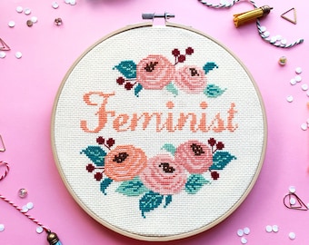 Feminist cross stitch pattern - modern floral embroidery pattern, digital download PDF.