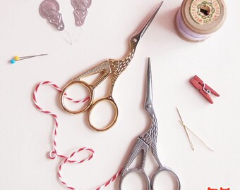 Embroidery Scissors, Gold Stork scissors, sewing scissors, needlework scissors, steel scissors, Silver Stork, small scissors