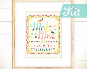 Wedding Cross stitch kit , Mr and Mrs with Love Birds wedding cross stitch sampler , personalized wedding gift