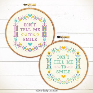 Modern cross stitch pattern. Funny needlepoint pattern. Quote cross stitch. Feminist cross stitch. Don't tell me to smile. Redbeardesign imagem 7