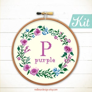 Custom cross stitch kit, baby cross stitch kit, floral wreath with alphabet initial embroidery design, flowers needlepoint kit by Redbear Purple Letter (Pic4)