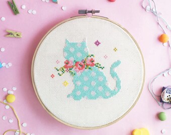 Cat cross stitch pattern, Kitten with Floral Wreaths, Spring needlepoint pattern by red bear Design