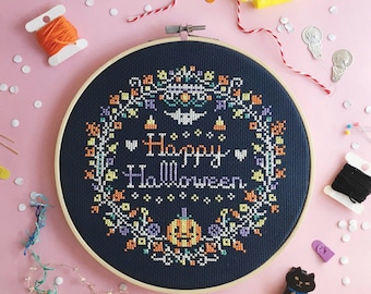 Halloween cross stitch patterns funny cross stitch world modern cross stitch spooky cross stitch pumpkin craft Happy Halloween Wreath