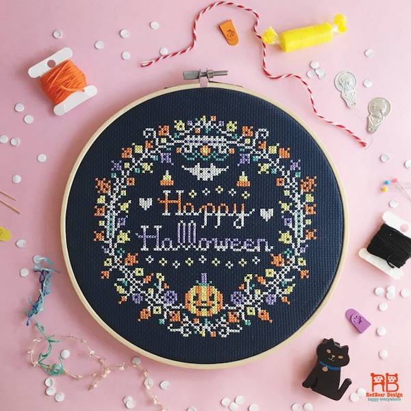 Halloween cross stitch patterns funny cross stitch world modern cross stitch spooky cross stitch pumpkin craft Happy Halloween Wreath
