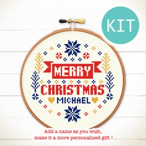 Christmas Cross Stitch kit Merry Merry Christmas personalized gift, hand embroidery kit, Beginner needlepoint kit, easy Christmas DIY Blue Xmas