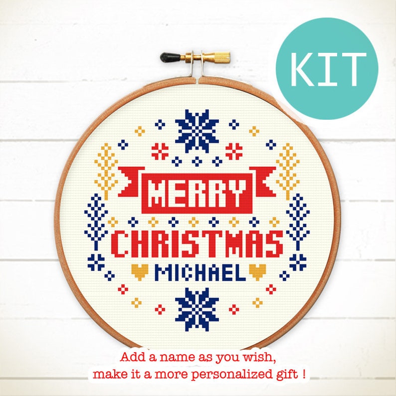 Christmas Cross Stitch kit Merry Merry Christmas personalized gift, hand embroidery kit, Beginner needlepoint kit, easy Christmas DIY Blue Xmas