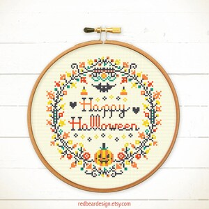 Halloween cross stitch patterns funny cross stitch world modern cross stitch spooky cross stitch pumpkin craft Happy Halloween Wreath image 2