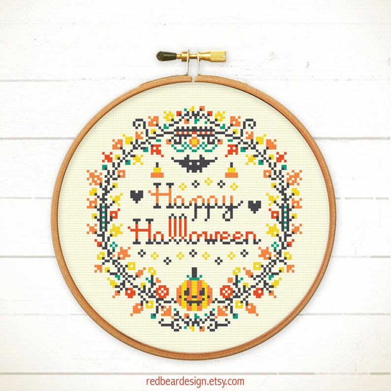 Halloween cross stitch patterns funny cross stitch world modern cross stitch spooky cross stitch pumpkin craft Happy Halloween Wreath image 2