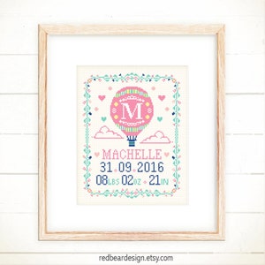 Cross stitch patterns,Baby announcement,Baby cross stitch,Funny cross stitch,Newborn gifts ideas,Baby gifts Hot Air Balloon Baby Record image 3