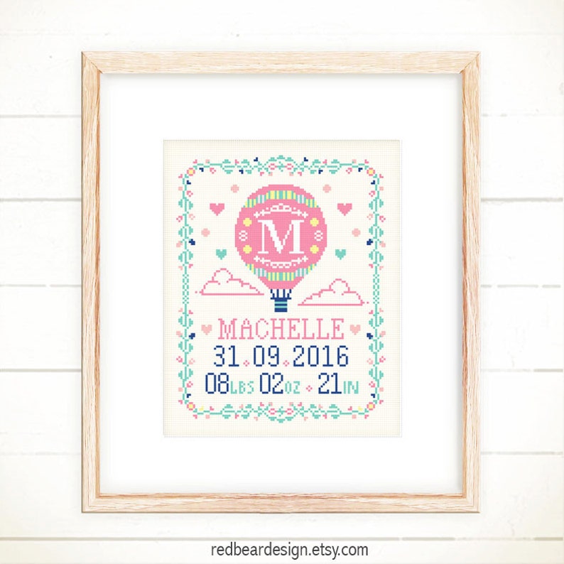 Cross stitch patterns,Baby announcement,Baby cross stitch,Funny cross stitch,Newborn gifts ideas,Baby gifts Hot Air Balloon Baby Record image 3