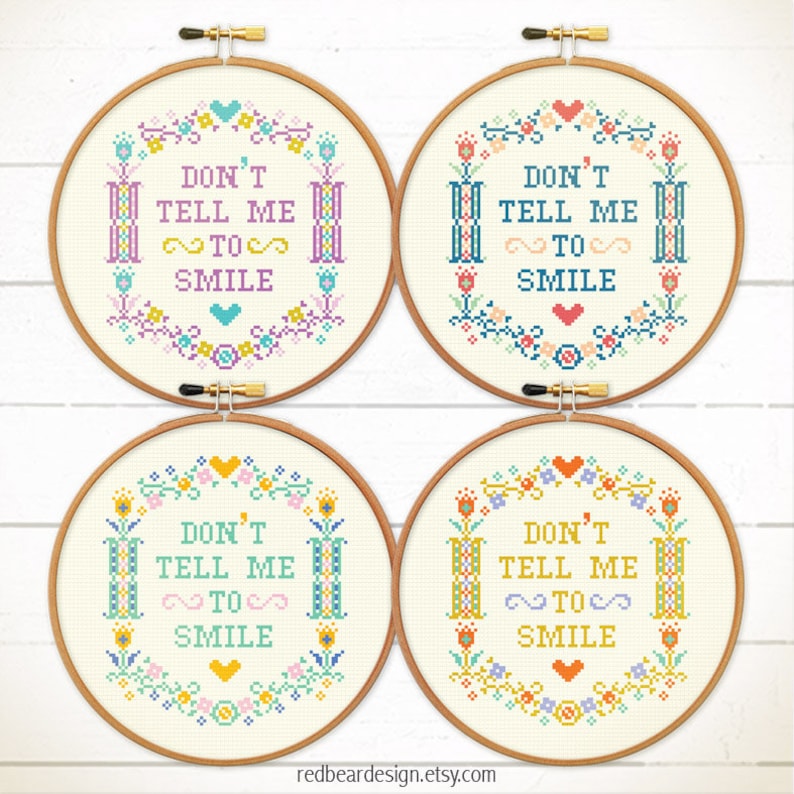 Modern cross stitch pattern. Funny needlepoint pattern. Quote cross stitch. Feminist cross stitch. Don't tell me to smile. Redbeardesign imagem 9