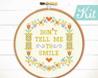 Funny cross stitch kit. Feminist cross stitch kit for beginner. Quote cross stitch kit. Funny Craft kit for Adult. Don't tell me to smile