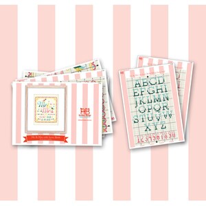 May include: A collection of cross-stitch patterns featuring a framed "Mr & Mrs" design with love birds, and alphabet and number charts. The patterns are on pink and white striped backgrounds. The text "Mr & Mrs with Love Birds" is visible.
