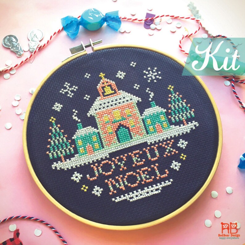 Christmas cross stitch kit. Beginner Christmas craft kit. Joyeul Noel Cross stitch. Christmas House cross stitch. Christmas DIY kit. image 2
