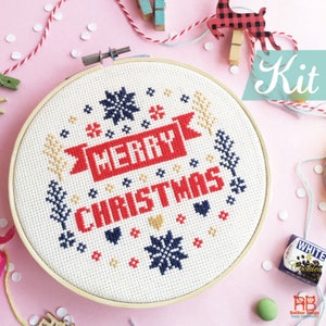 Christmas Cross Stitch kit Merry Merry Christmas personalized gift, hand embroidery kit, Beginner needlepoint kit, easy Christmas DIY image 2
