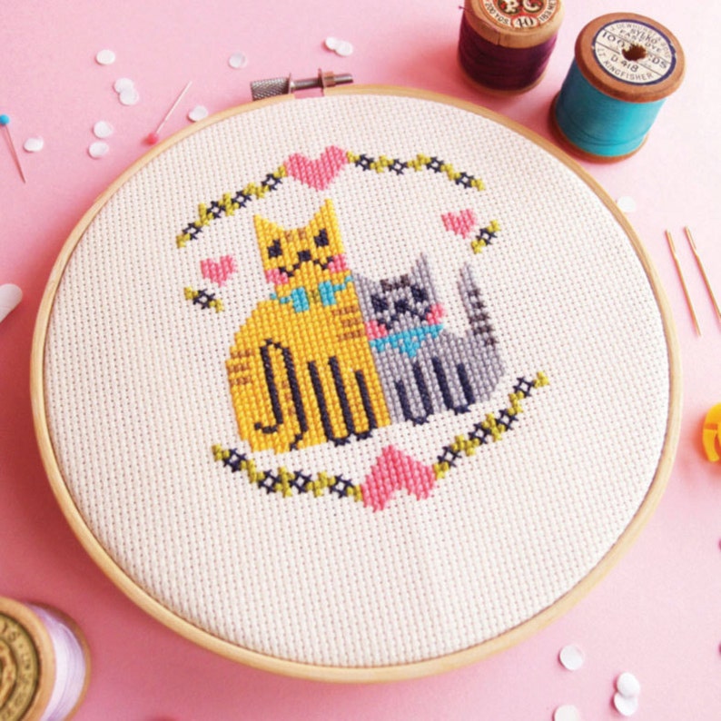 Cats cross stitch pattern PDF Cute cat cross stitch Cat Hoop arts Ginger cat embroidery pattern Point de croix needlepoint Kittens in Love image 2