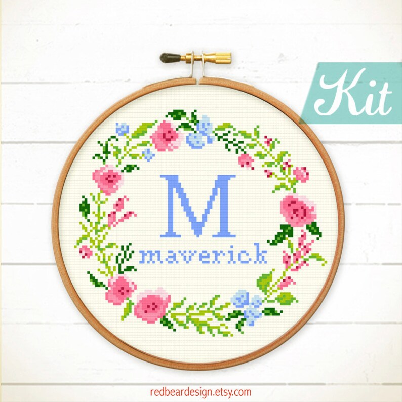 Custom cross stitch kit, baby cross stitch kit, floral wreath with alphabet initial embroidery design, flowers needlepoint kit by Redbear Blue Letter (Pic2)