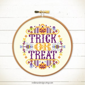 Funny Trick or Treat cross stitch pattern, Halloween cross stitch, bats , pumpkin , skull , cute halloween embroidery pattern