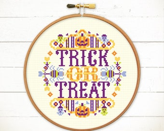 Funny Trick or Treat cross stitch pattern, Halloween cross stitch, bats , pumpkin , skull , cute halloween embroidery pattern