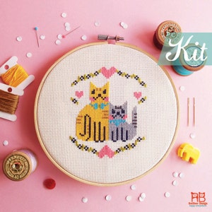 Cats cross Stitch Kit, cute beginner cross stitch kit, cats embroidery kit, cat lover cross stitch starter kit image 1