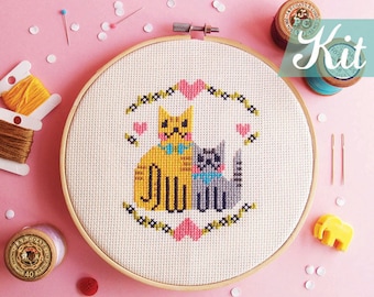 Cats cross Stitch Kit, cute beginner cross stitch kit, cats embroidery kit, cat lover cross stitch starter kit