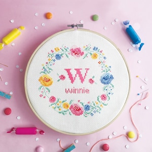 Custom Baby Cross Stitch Pattern – Personalized Name design, Floral cross stitch, Flower Embroidery, DIY Nursery Decor, PDF Download