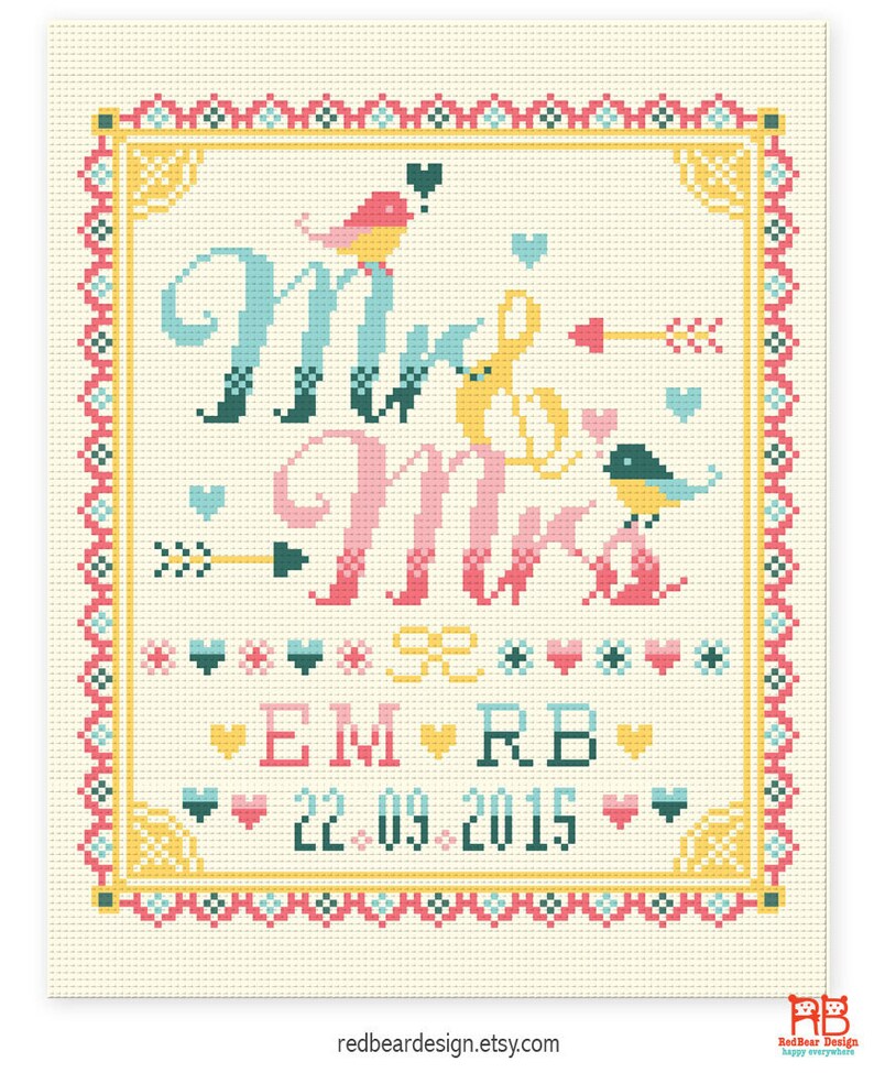 Wedding cross stitch pattern, Modern cross stitch, Custom cross stitch, Wedding gift ideas, Wedding Announcement Mr and Mrs with Love Birds image 2