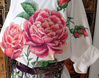 hand painted woman t-shirt. Unique piece with floral theme - roses. OOAK