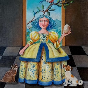 Una niña - huevo, pájaro, gato, perro...